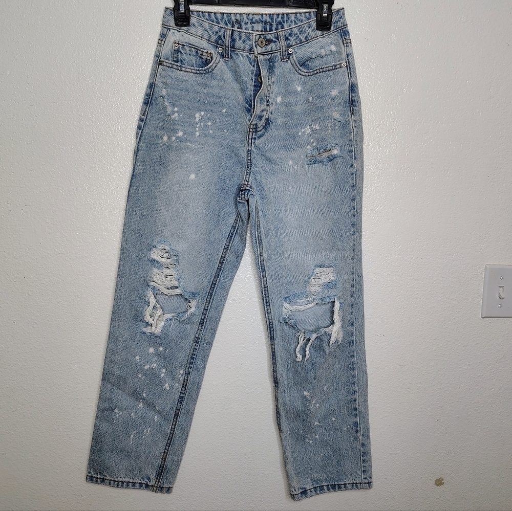 No Boundaries Light Blue Distressed Denim Jeans Sz 5 Straight Leg Button Fly